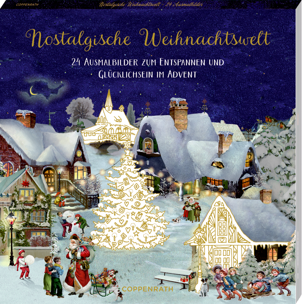 Cover des Malbuchs: Verschneites Dorf, Menschen, die Weihnachten feiern, goldener Baum und festlich-goldener Titel-Schriftzug.