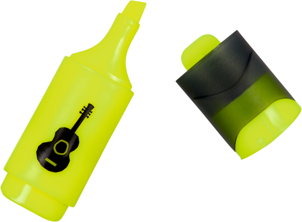 Ein gelber Textmarker mit schwarzem Gitarrenmotiv. Die schwarze Kappe liegt daneben.