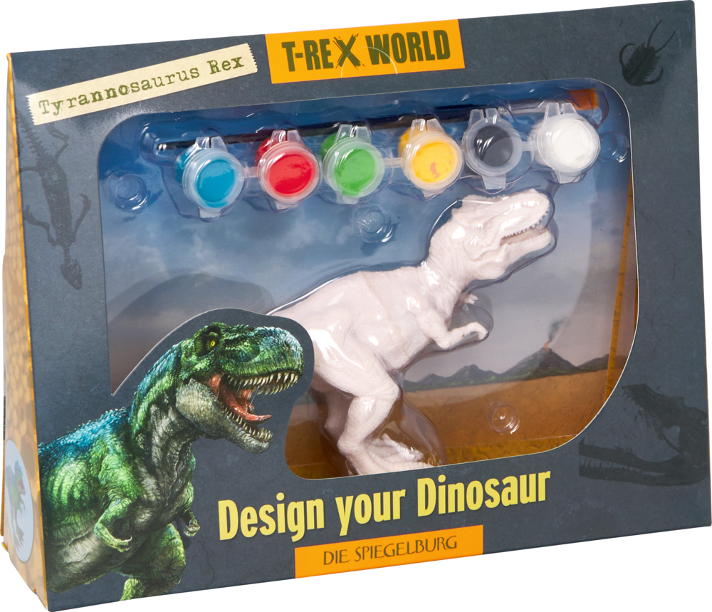 T-Rex World Malset mit weißer Dinosaurierfigur, Farbbehältern und Pinsel in einer Schachtel.