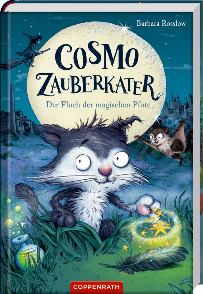 Cosmo Zauberkater (Bd. 1) Eine schwarze Katze mit großen Augen und leuchtender Pfote, eine Fledermaus und eine Hexe, die bei Vollmond vorbeifliegt,auf dem Cover von "Cosmo Zauberkarter".