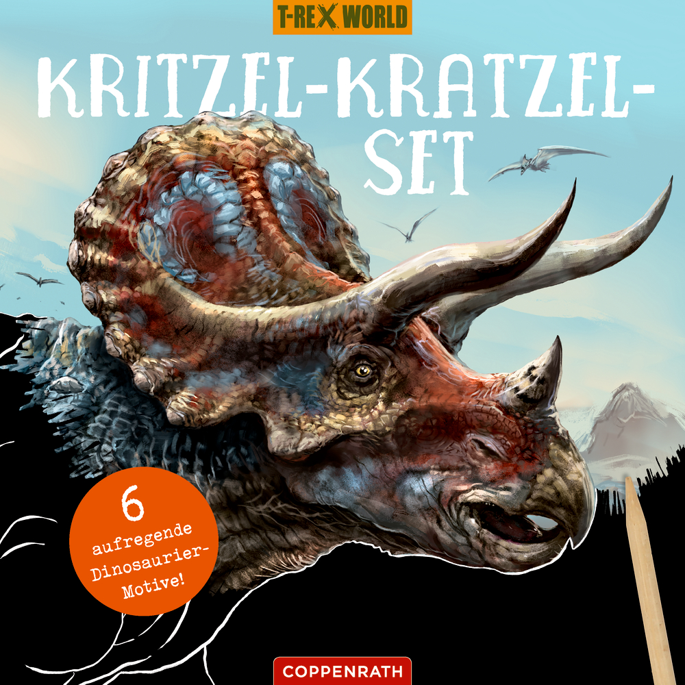 Kritzel-Kratzel-Set (Triceratops) T-Rex World Triceratops-Illustration mit „Kritzel-Kratzel-Set & 6 aufregende Dinosaurier-Motive!“ auf dem Cover.