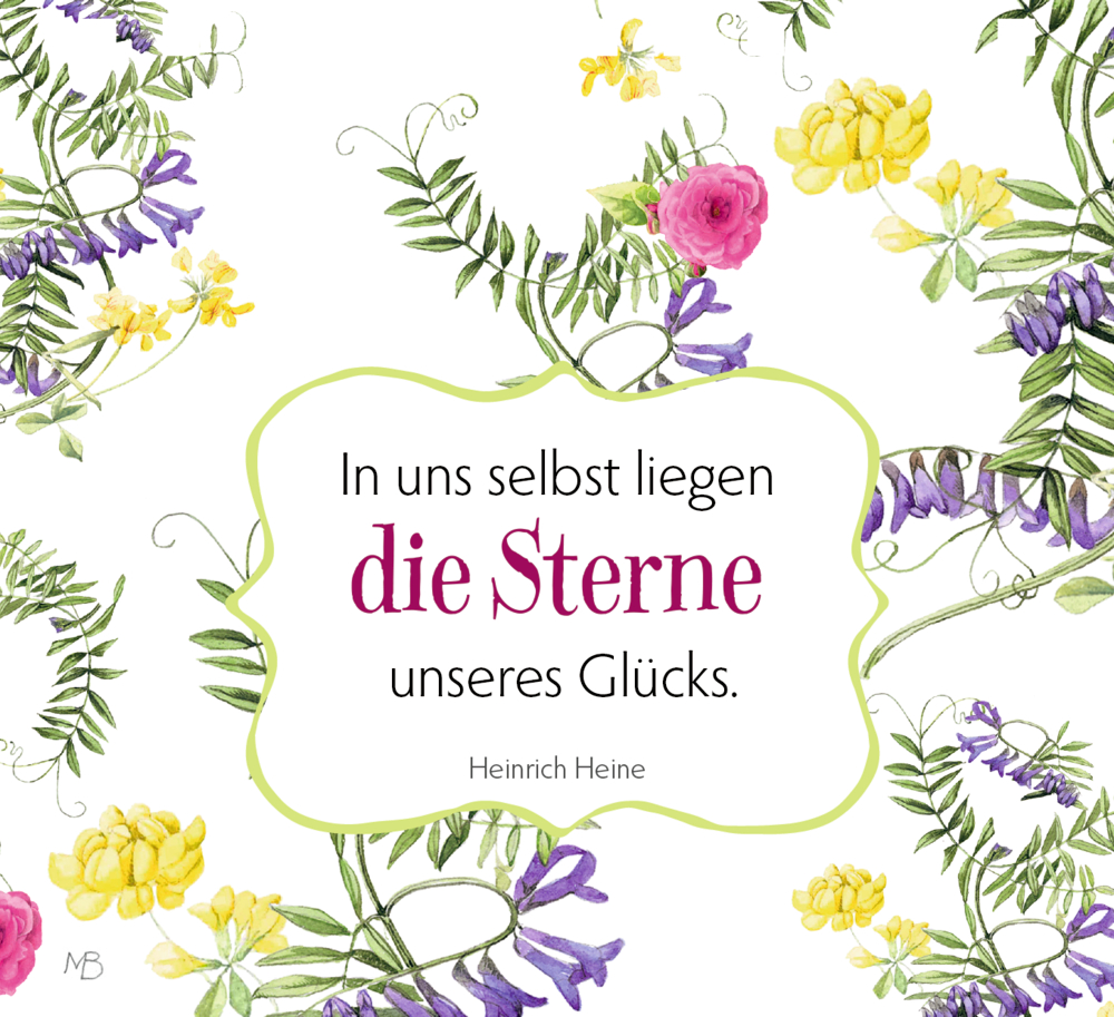 Ein floraler Rand umrahmt ein s Glückszitat von Heinrich Heine; „die Sterne“ ist in rosa Schrift hervorgehoben, auf einer Seite.