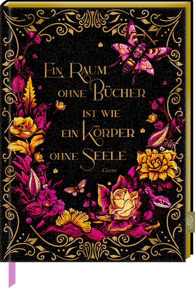 Verzierter Bucheinband mit goldenen und rosa Blumen, einem Zitat, umrahmt von Schmetterlingen und Blättern.