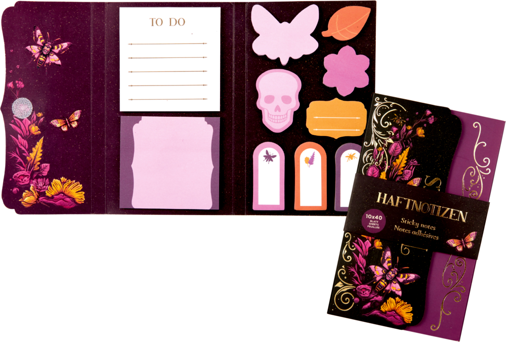 Haftnotiz-Set mit Schmetterlingen, Totenköpfen, Blumen und „TO DO“-Notizen in verschiedenen Formen und Farben.