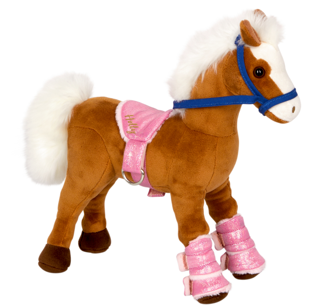 Pferd Holly - Pferdefreunde Braunes Plüschpferd mit weißer Mähne, blauem Halfter, rosa Sattel und rosa glitzernden Beinwickeln.