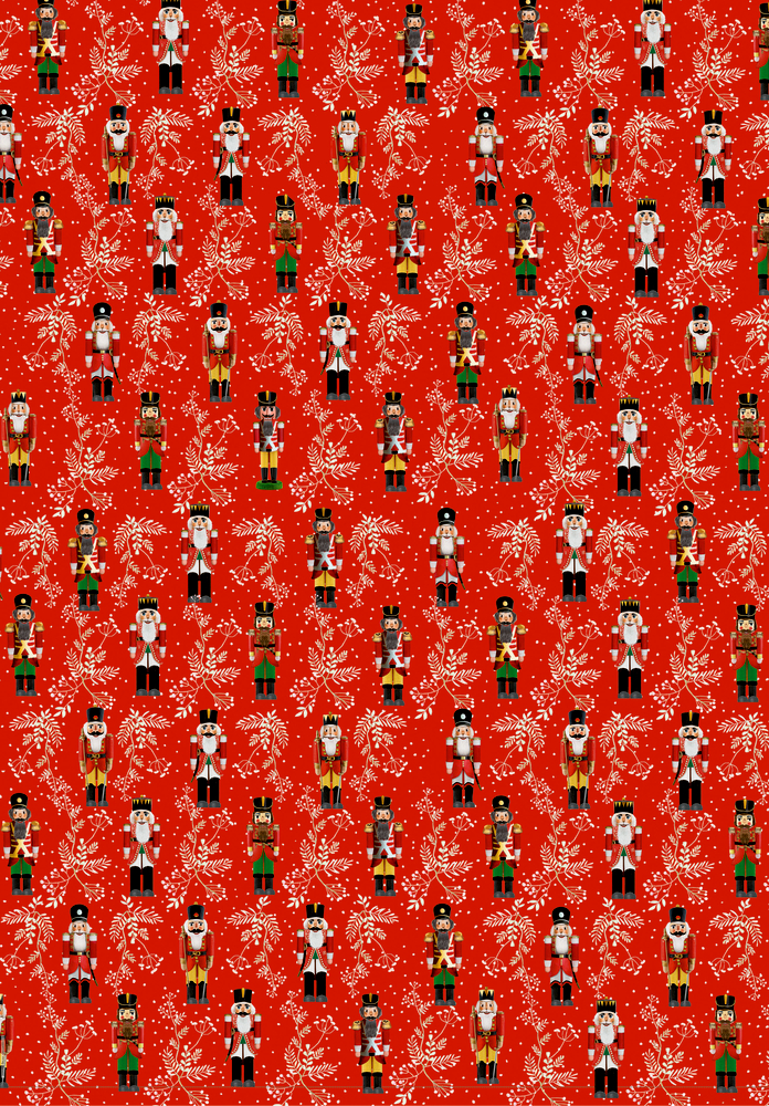 Nussknacker-Soldaten in festlichen Kostümen auf Rot mit weißen Blumen- und Schneeflockenakzenten.