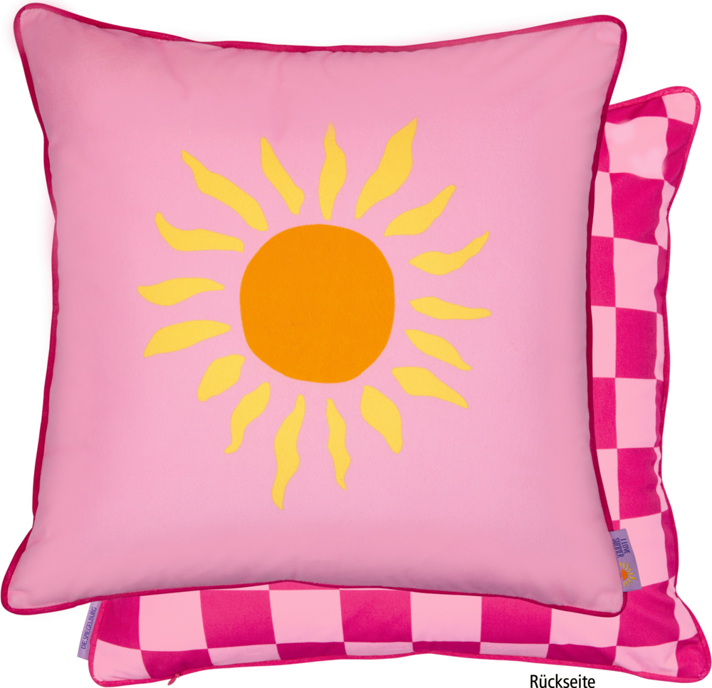 Kissen Karo - I love Summer (ca. 45x45 cm) Zwei rosa Kissen: Auf dem einen ist eine gelbe Sonne abgebildet, auf dem anderen ein rosa und hellrosa Schachbrettmuster.