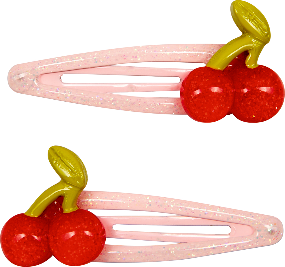 Zwei pinke glitzernde Haarspangen mit roten Kirschen und grünen Blättern als Dekoration.