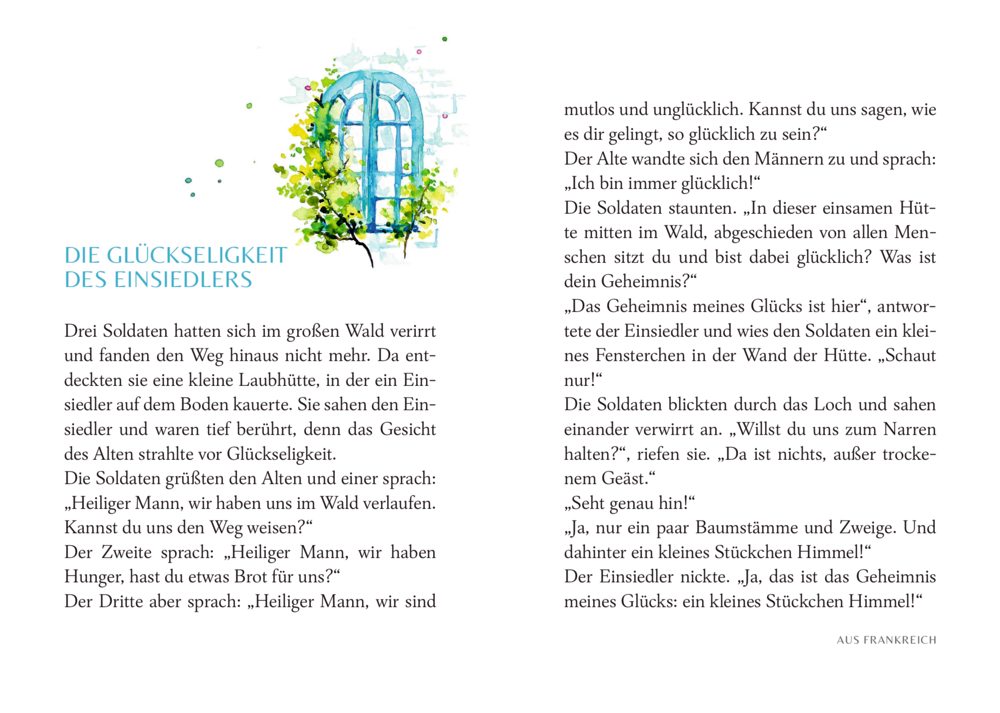 Abbildung von einem Fenster mit grünen Ranken über dem Titel der Doppelseite „Die Glückseligkeit des Einsiedlers“.