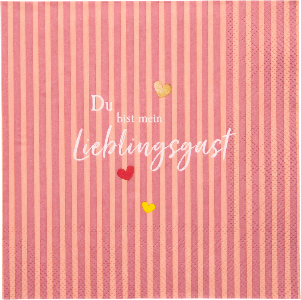 Rosa gestreifte Serviette mit Text und drei kleinen Herzen in Rot, Gelb und Gold.