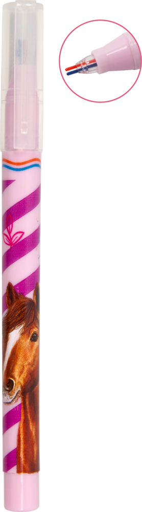 Rosa-gestreifter Stift mit Pferdeabbildung, Detailansicht der mehrfarbigen Spitze und durchsichtigen Kappe.