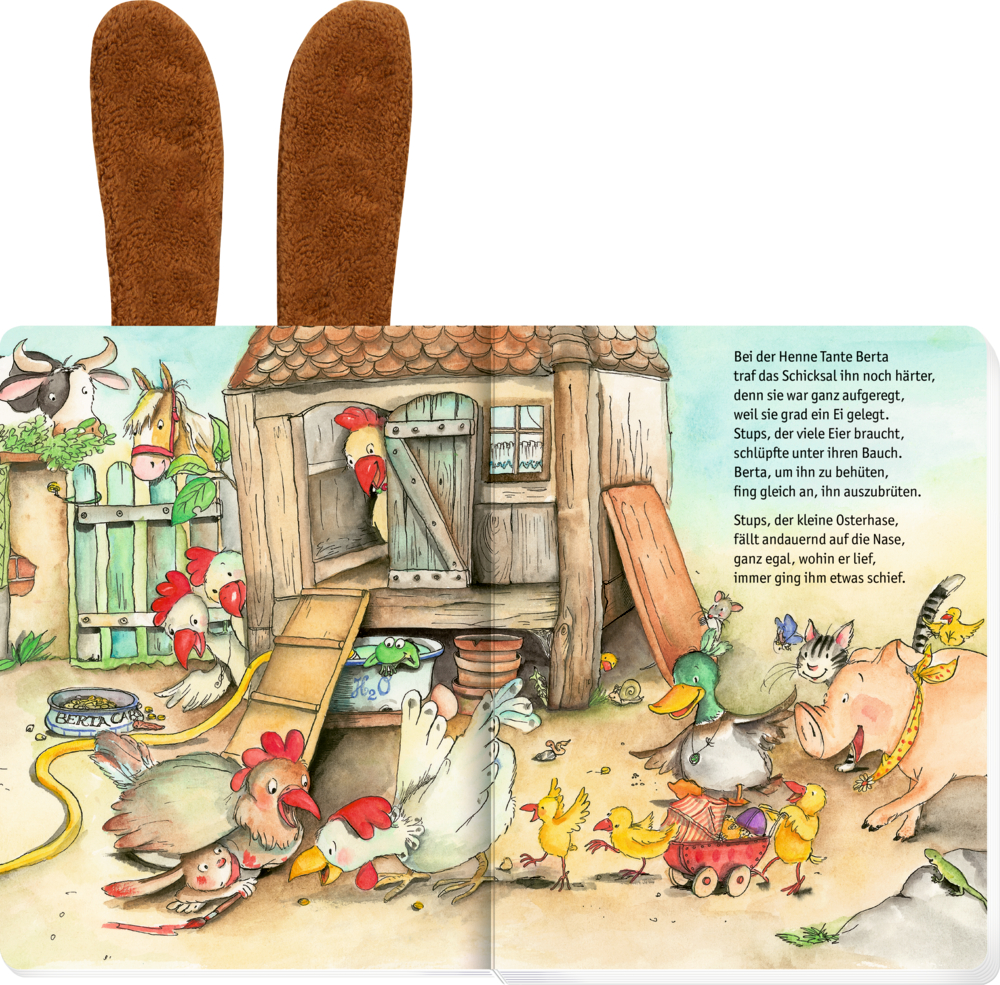 Illustrierte Hühner und ein Schwein spielen vor einer Scheune, mit Küken und Kaninchen, rechts ist Text.