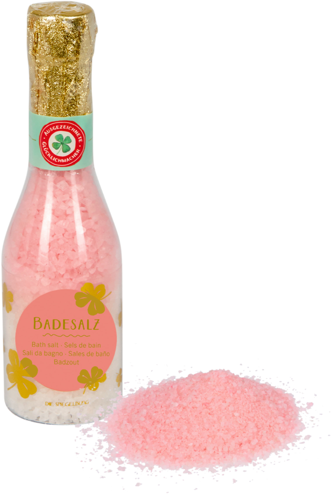 Flasche mit rosa Badesalz und einem kleinen Haufen Salz daneben.