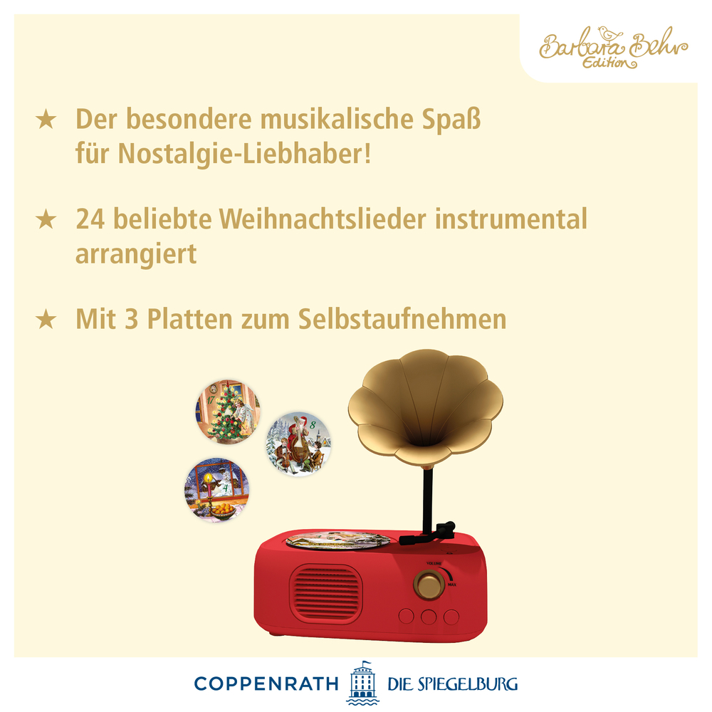 Grammophon-Spielzeug, weihnachtliche Motive und Text zu festlichen Musikstücken.