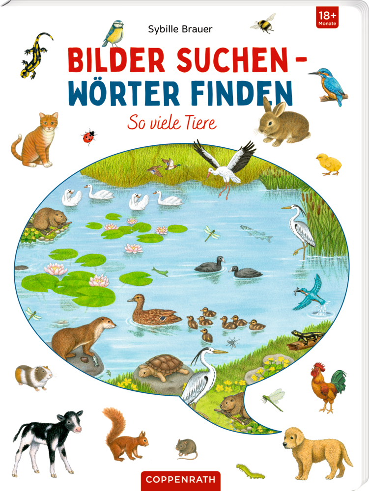 Bilder suchen-Wörter finden: So viele Tiere Buchcover auf dem sich Tiere um einen Teich versammeln und mit dem Titel "Bilder suchen – Wörter finden: So viele Tiere".