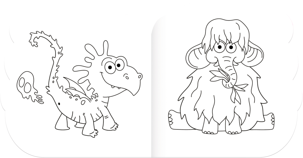 Ein Ausmalbuch mit Cartoon-Drachen der pupst und einem Mammut das einen Zweig isst.