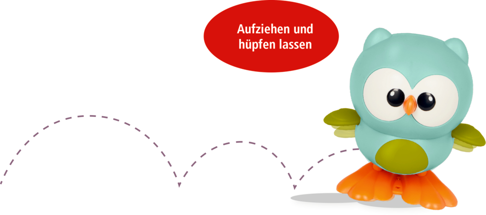 Türkisfarbenes Eulenspielzeug mit orangefarbenen Füßen hüpft, in der roten Sprechblase steht „Aufziehen und hüpfen lassen“.