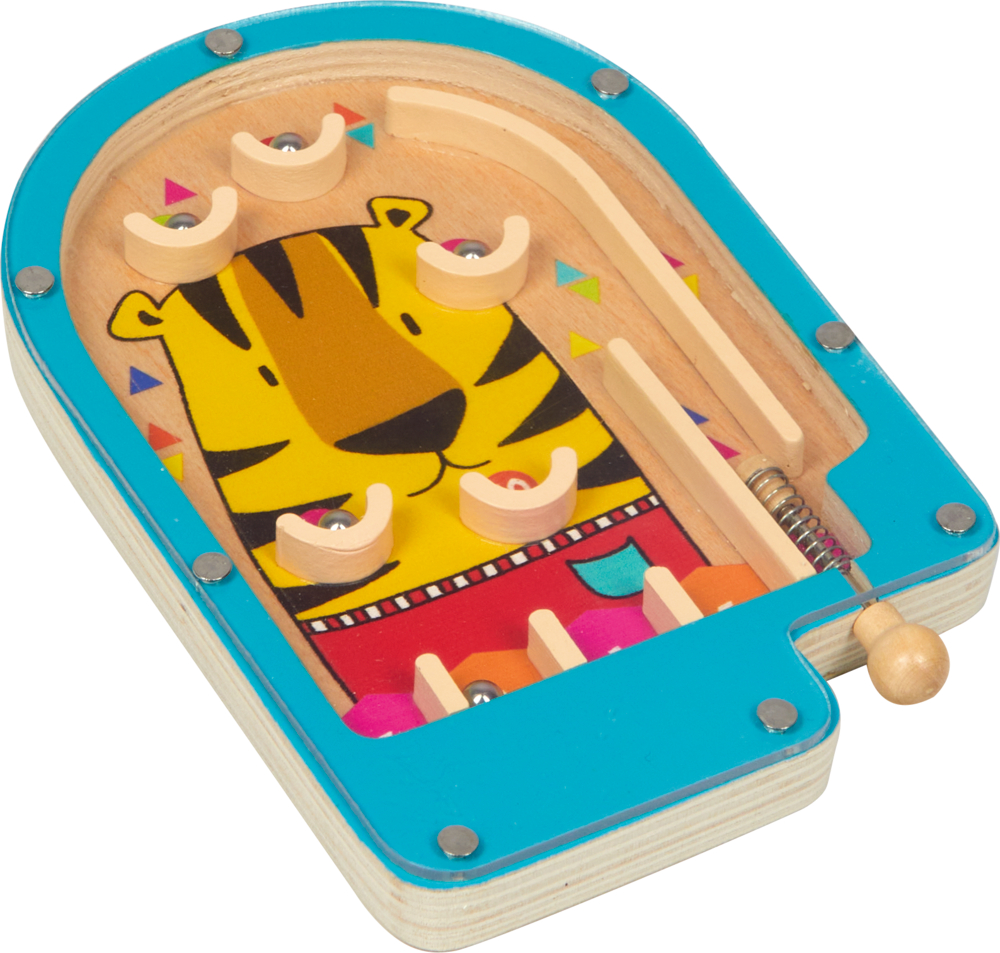 Flipperspielzeug aus Holz mit Tigerdesign, bunten Akzenten und einem Federwerfer auf der rechten Seite.