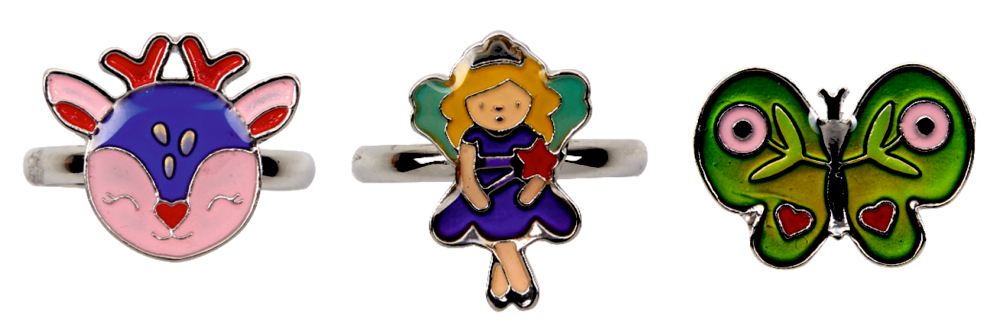 Stimmungsring - Prinzessin Lillifee Drei farbenfrohe Kinderringe: rosa Reh, Fee und grüner Schmetterling mit Herzakzenten.