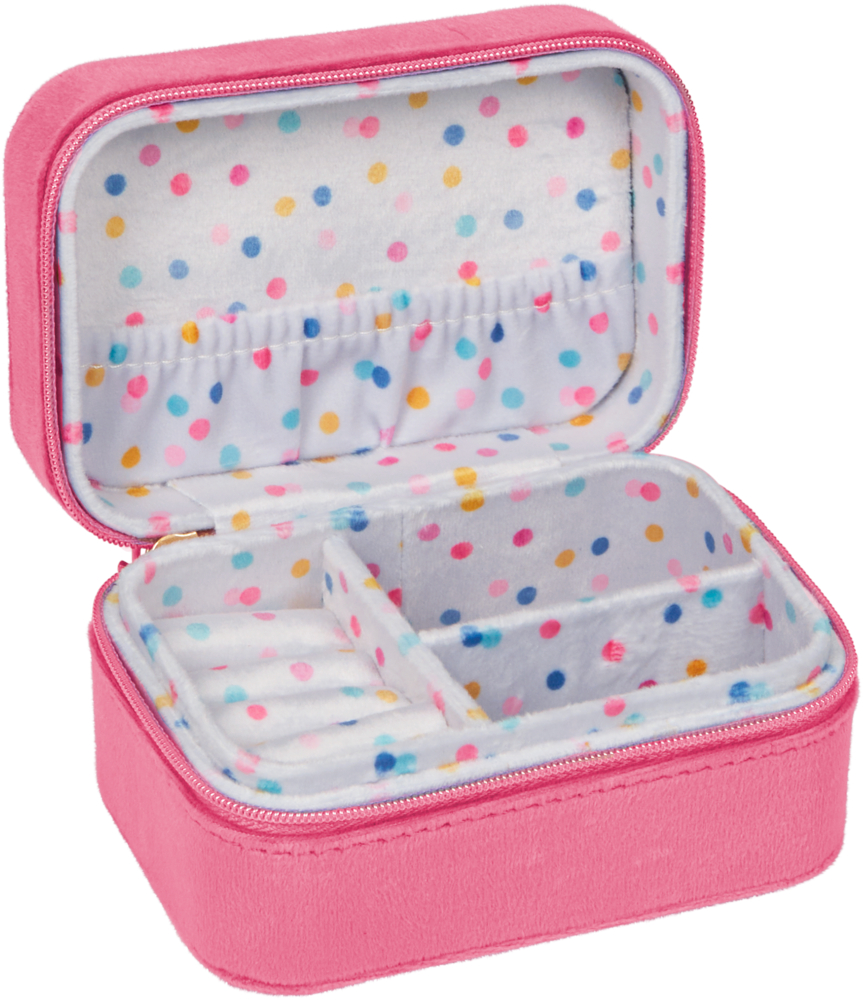 Geöffnete rosa Schmuckschatulle mit Reißverschluss, farbenfrohem Tupfenmuster im Inneren und unterteilten Fächern.