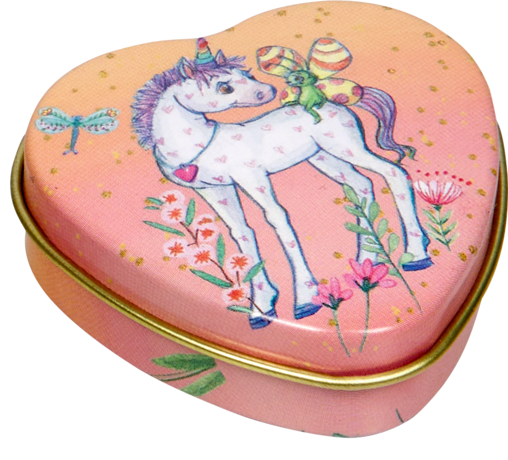 Herzförmige rosa Dose mit einem Einhorn, Blumen, einer Libelle und einem Schmetterling.