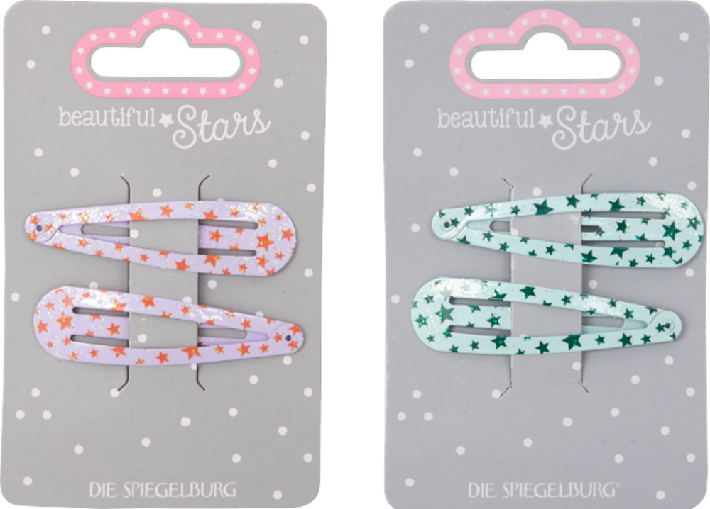 Haarclip Sterne no.2 - beautiful Stars 2 Packungen Haarspangen mit Sternmuster: Violett mit orangefarbenen Sternen, und türkis mit dunkelgrünen Sternen.