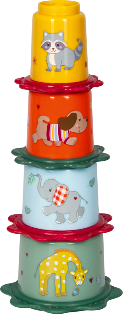 Vier bunte Stapelbecher mit Tierabbildungen.