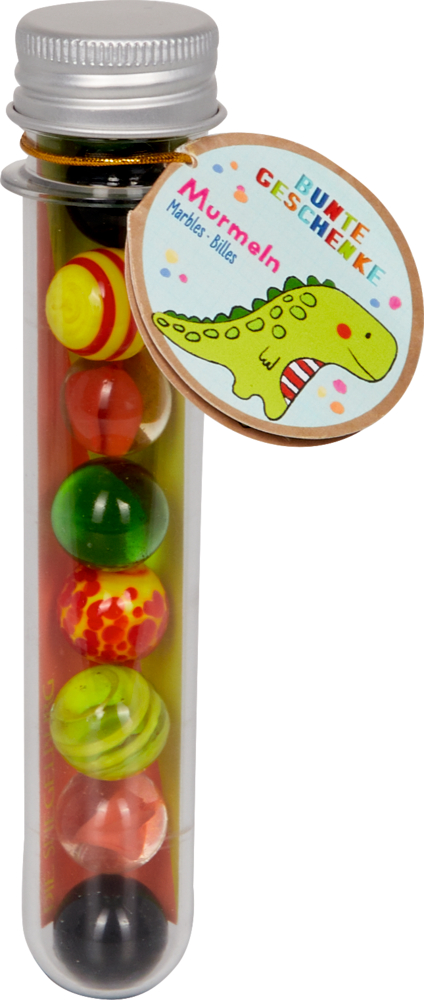 Murmeln Dinosaurier - Bunte Geschenke Durchsichtiges Reagenzglas mit verschiedenfarbigen Murmeln und einem Dino-Anhänger am Deckel.