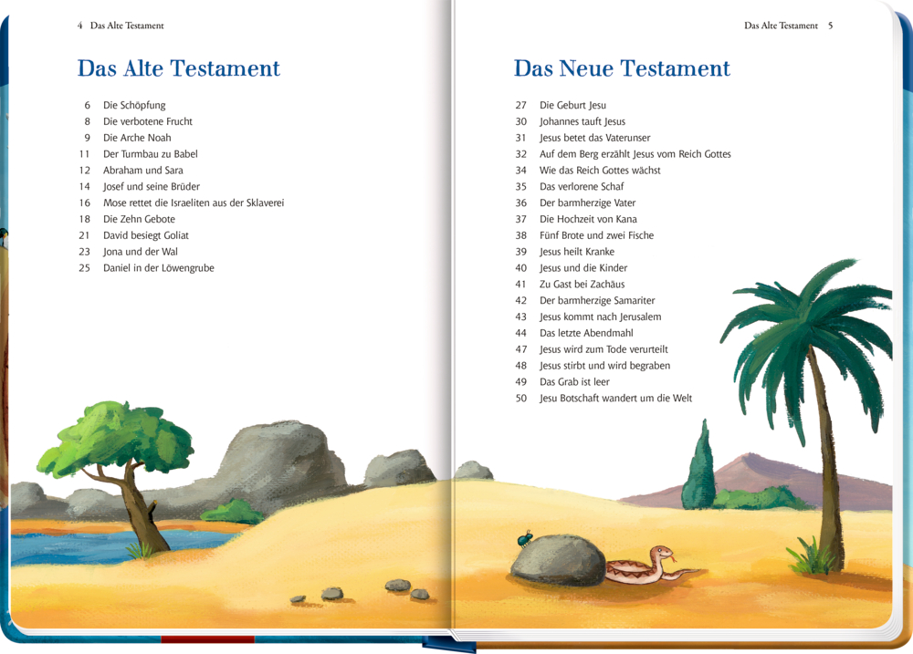 Eine illustrierte Kinderbibel zeigt das Inhaltsverzeichnes aus dem Alten und Neuen Testament mit Wüstenlandschaften und Palmen.