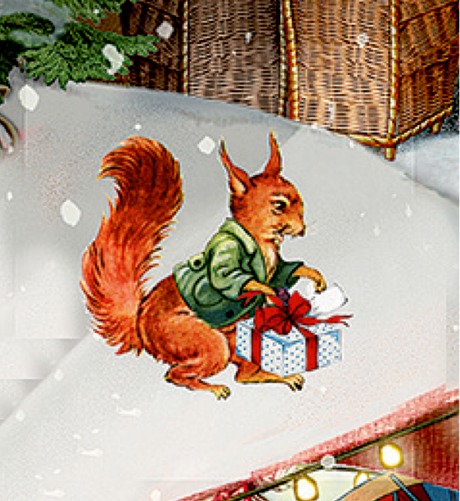 Inhalt eines Türchens: Rotes EichhÃ¶rnchen in einer grÃ¼nen Jacke hÃ¤lt eine weiÃŸe Geschenkbox mit einer roten Schleife.