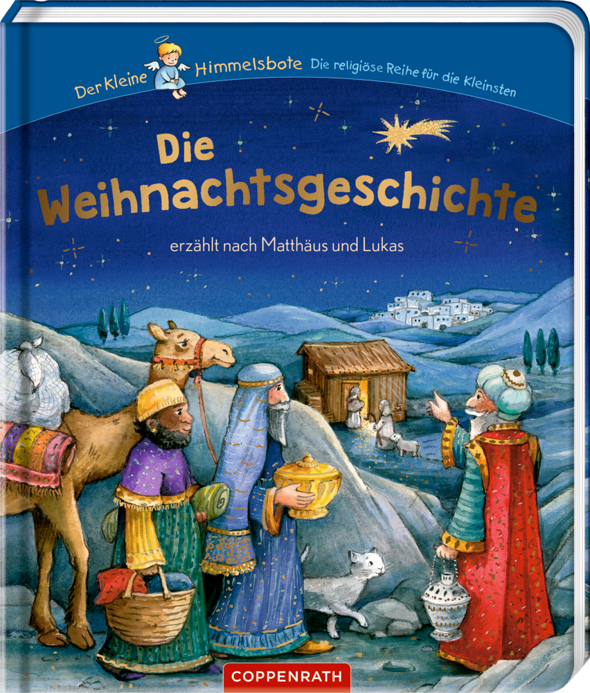 Buchcover mit drei Weisen, einem Kamel, Stall mit Menschen und Stern über einer Stadt bei Nacht.