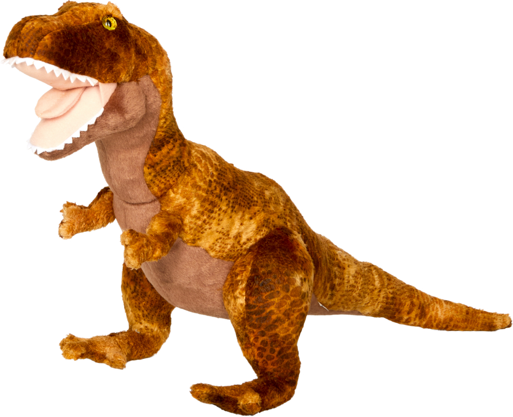 T-Rex (Dino aus Plüsch) Braunes und hellbraunes Plüsch-Dinosaurierspielzeug T. Rex mit offenem Maul und weißen Zähnen, nach links gerichtet.
