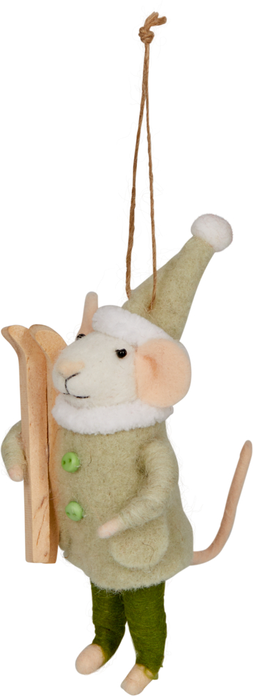 Filzmaus-Ornament in grünem Outfit und Bommelmütze, das Holzskier hält, mit Schnur zum Aufhängen.