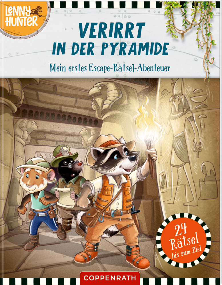 Lenny Hunter: Verirrt in der Pyramide (Escape-Rätsel) Drei Comic-Tiere in Entdeckerkleidung und mit einer Fackel betreten eine mit Statuen gefüllte alte ägyptische Pyramide aufd em Cover von "Verirrt in der Pyramide".