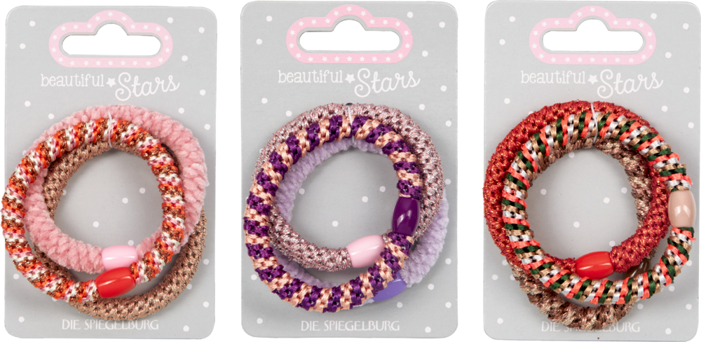 Drei Sets glitzernder, bunter Haargummis auf Displaykarten mit der Aufschrift „Beautiful Stars“.
