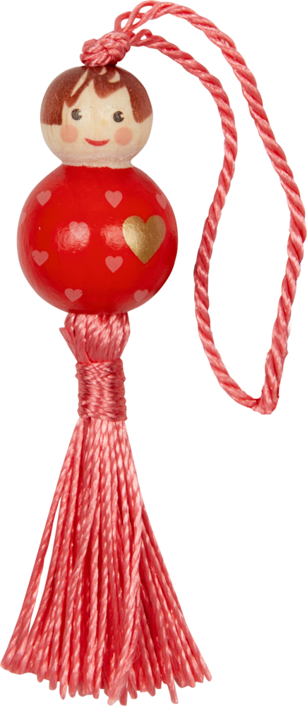 Glückspüppchen "Liebe" Viel Glück Rote Holzperlenpuppe mit Herzmotiven, einer rosafarbenen Quaste und Schlaufe zum Aufhängen.