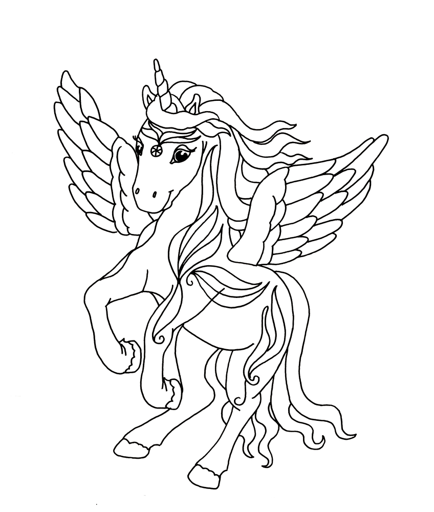 Strichzeichnung eines Einhorns mit Flügeln, Mähne und Schweif. Es steht auf zwei Hinterbeinen, die Vorderbeine sind erhoben.
