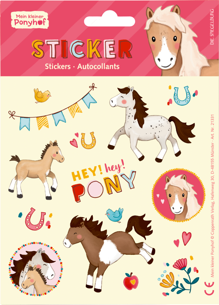 Sticker - Mein kleiner Ponyhof "Bunter Aufkleberbogen mit Ponys, Hufeisen, Herzen, Blumen und dem Text „HEY! Hey! PONY“ auf cremefarbenem Hintergrund."