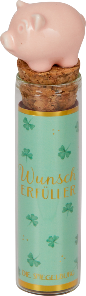 rosa Schwein, Wunscherfüller - Viel Glück Glasfläschchen mit Korken und rosa Schweinefigur oben drauf, beschriftet mit „Wunscherfüller“ und Kleeblattverzierungen.