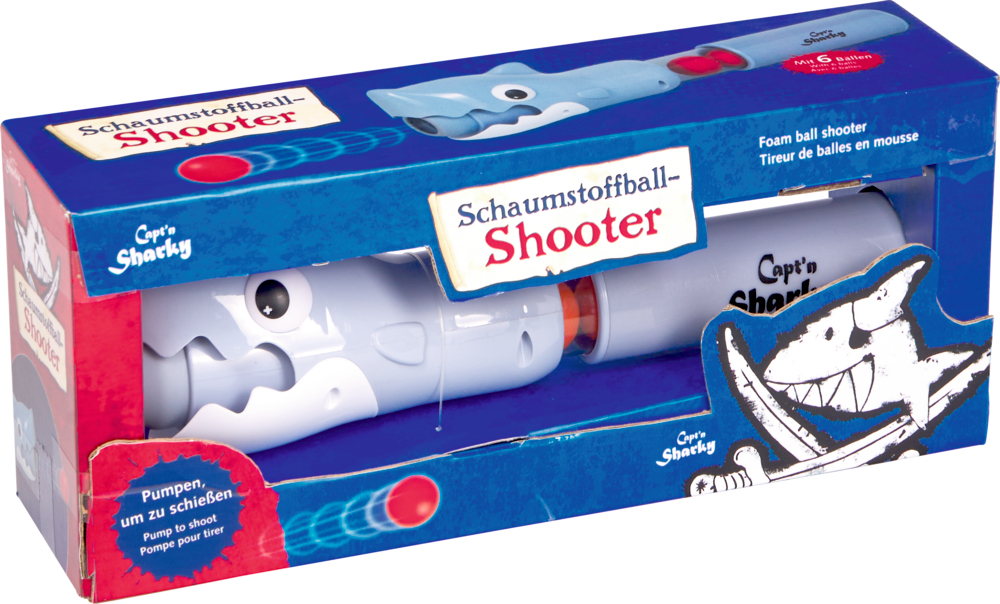 Spielzeug-Hai-Schaumstoffball-Shooter in blau-roter Box, Aufschrift Schaumstoffball-Shooter.