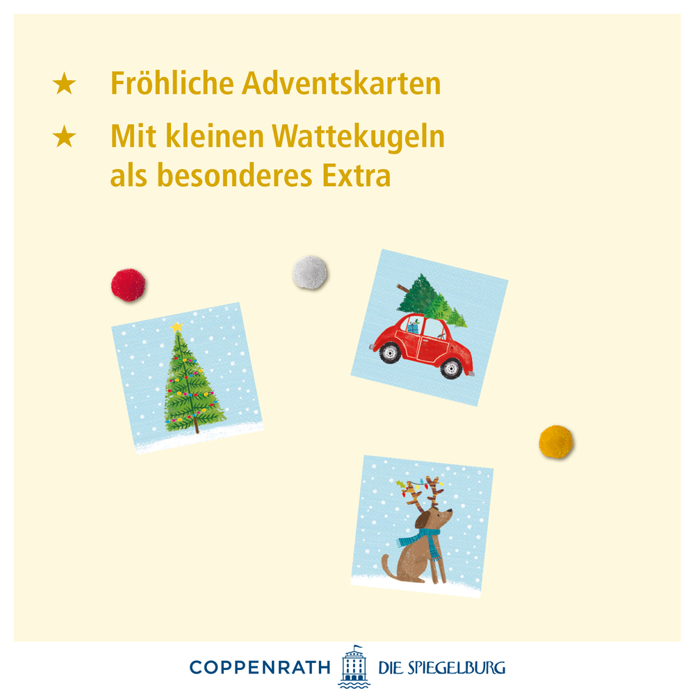Drei Adventsmotive von Tannenbaum, rotem Auto mit Baum und Rentier, dazu bunte Wattekugeln.