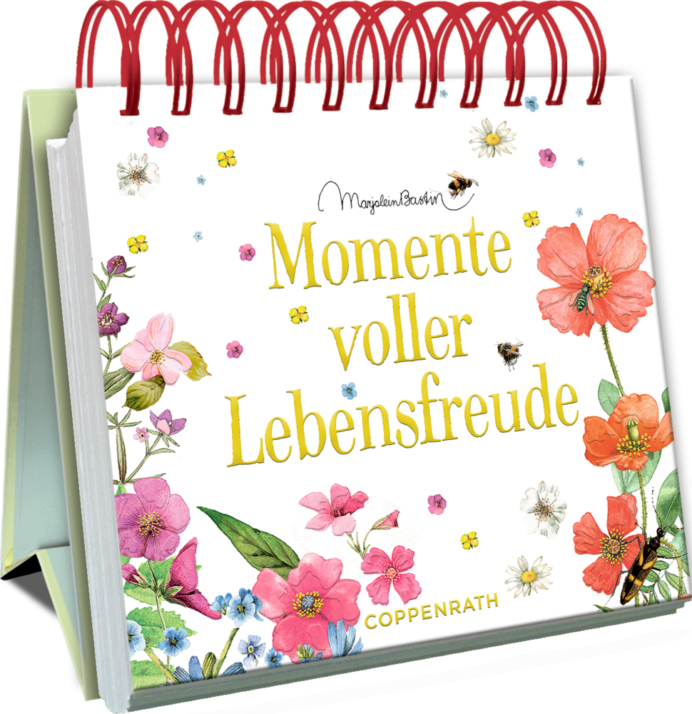 Kleines Spiralaufstellbuch: Momente voller Lebensfreude (Bastin) Spiralaufstellbuch mit floralen Motiven und dem  Satz „Momente voller Lebensfreude“ auf dem Cover.