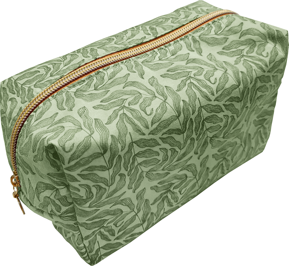 Etui / Stifteetui (Colours of the Seasons) Grünes rechteckiges Etui mit Blattmuster und goldenem Reißverschluss oben.