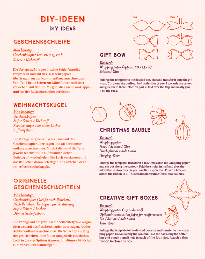 Anleitung mit Vorlagen und Materiallisten für DIY-Geschenkideen: Schleife, Weihnachtskugel und Geschenkschachtel in Deutsch und Englisch.
