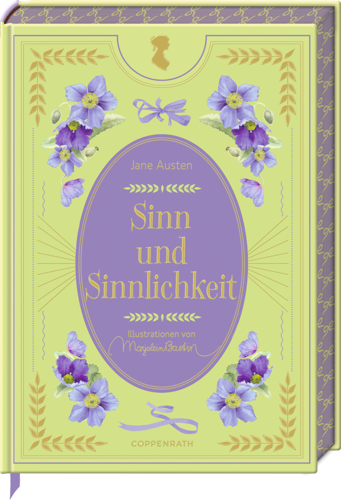 Buchcover Sinn und Sinnlichkeit mit violetten Blumen, goldenen Details und lavendelfarbenem ovalem Rahmen.