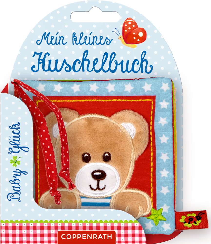 Weiches Babybuch mit Plüschbär auf dem Cover, blauem Sternrand und dem Titel „Mein kleines Kuschelbuch“.