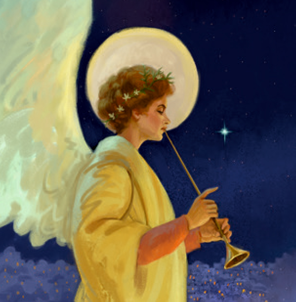 Engel mit Flügeln und Heiligenschein spielt Trompete unter einem sternenklaren Nachthimmel.