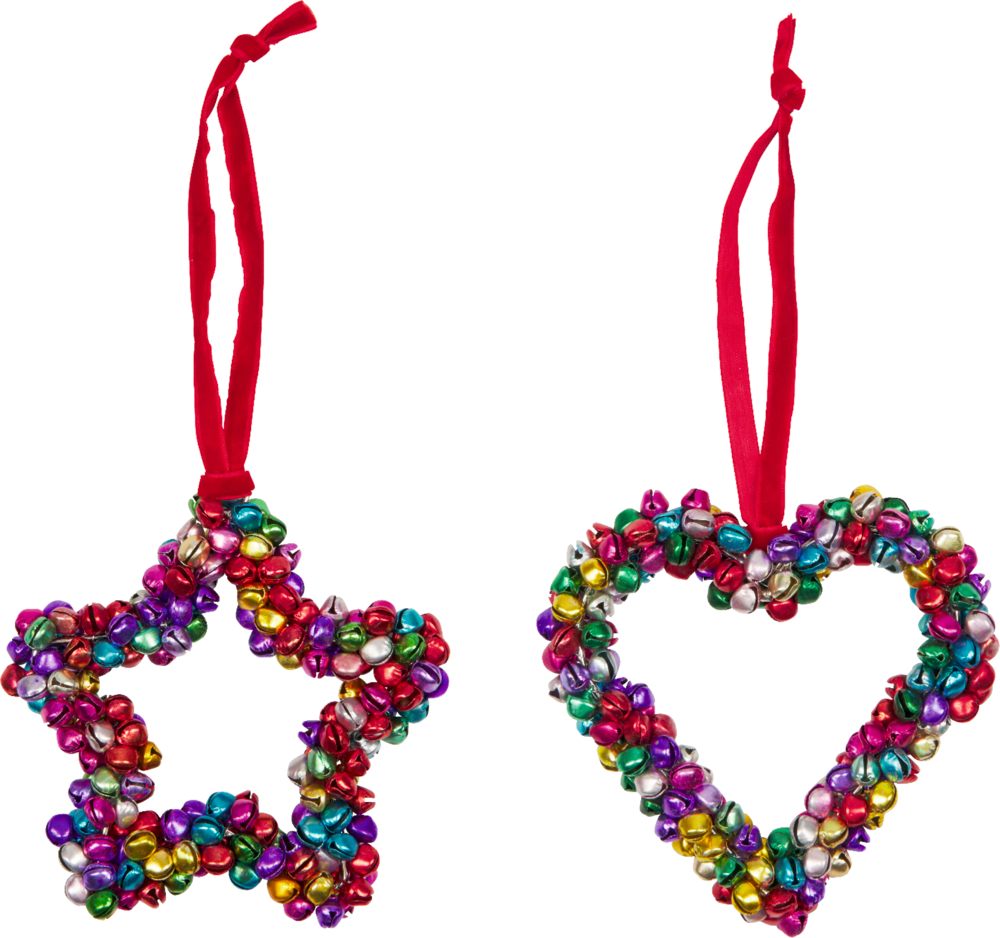 Zwei bunte Glöckchen-Ornamente, ein Stern und ein Herz, jeweils mit einer roten Schleife zum Aufhängen.