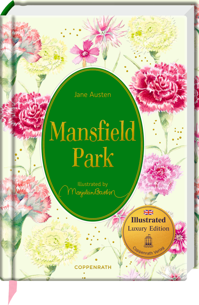 Buchcover „Mansfield Park“: Bunte Nelken umgeben ein grünes Oval in der Mitte.