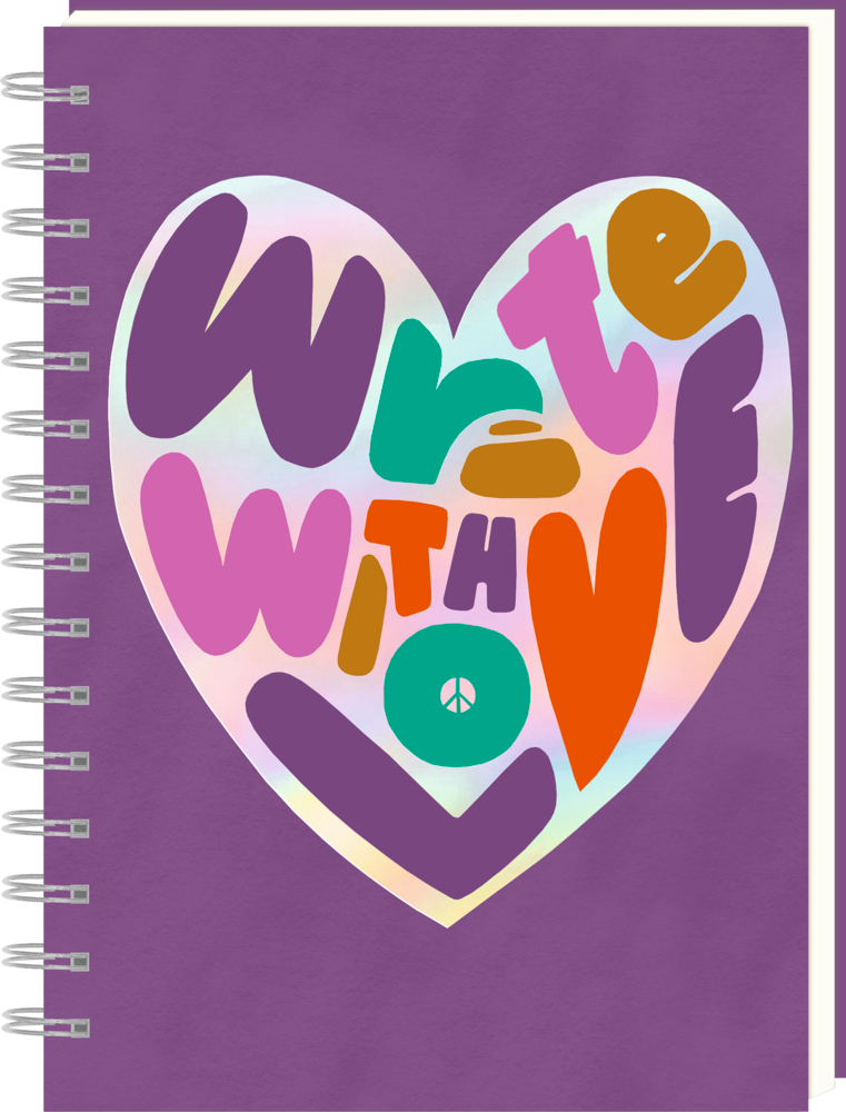 Lila Spiralnotizbuch mit Herzdesign und „Write With Love“ in bunten Buchstaben auf dem Cover.